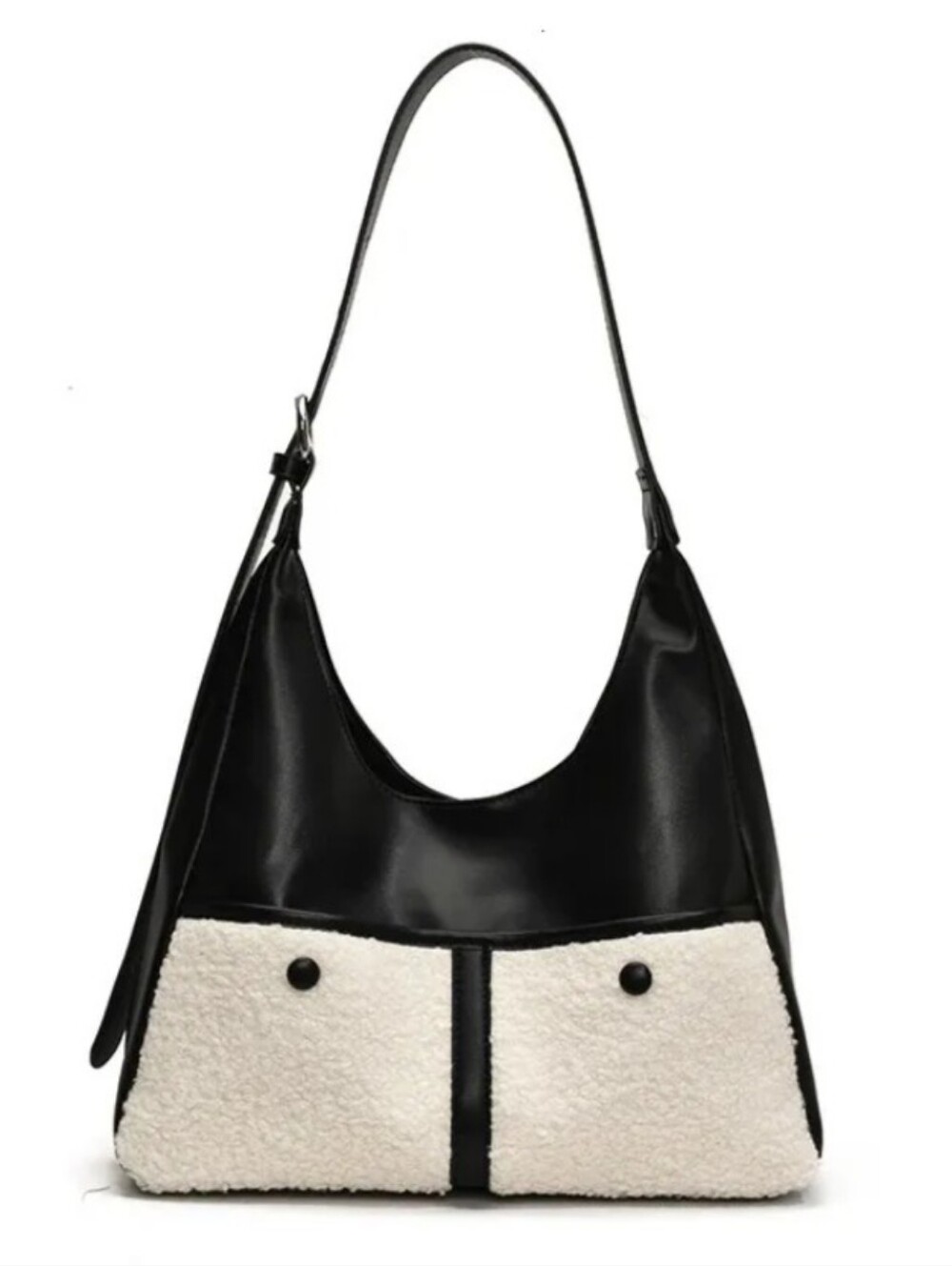 New Black & White Faux Leather Hobo Shoulder Bag with Sherpa Pockets